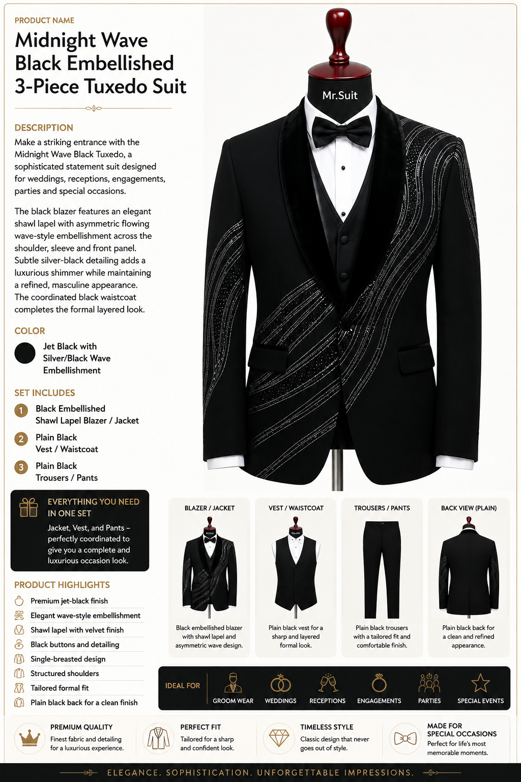 Midnight Wave Black Embellished 3-Piece Tuxedo Suit