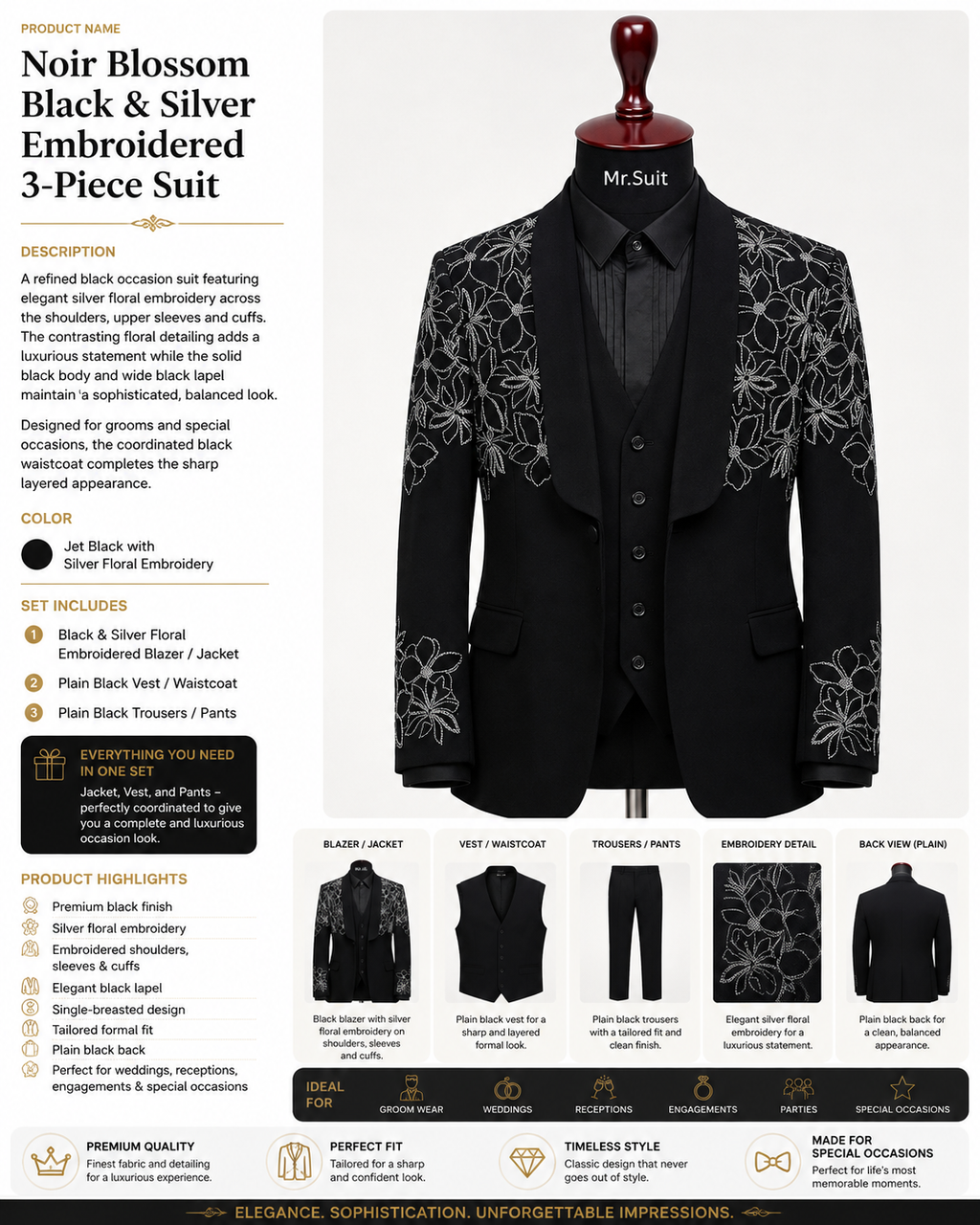 Noir Blossom Black & Silver Embroidered 3-Piece Suit