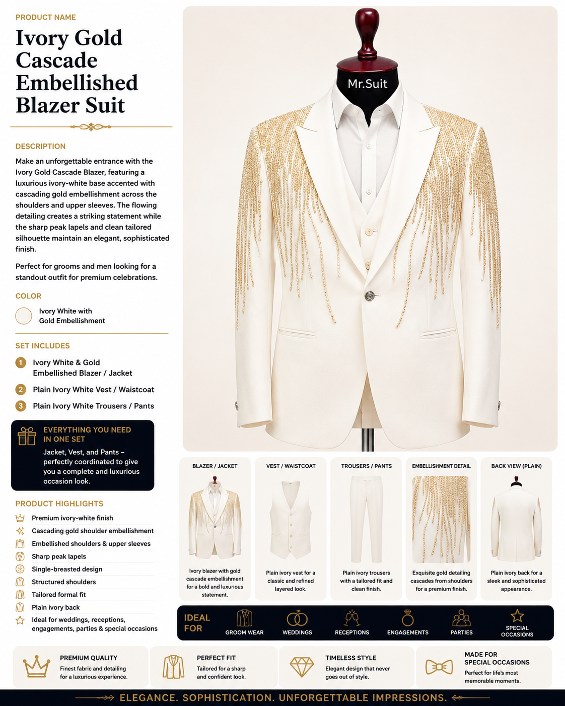 Ivory Gold Cascade Embellished Blazer Suit