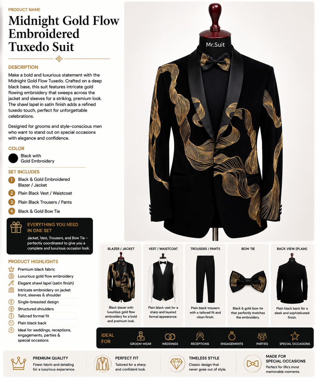 Midnight Gold Flow Embroidered Tuxedo Suit