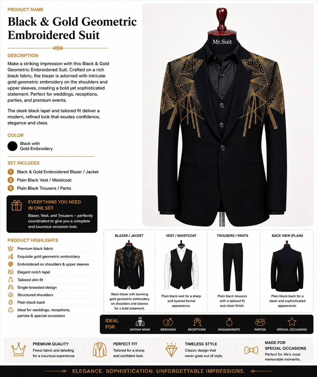 Black & Gold Geometric Embroidered Suit