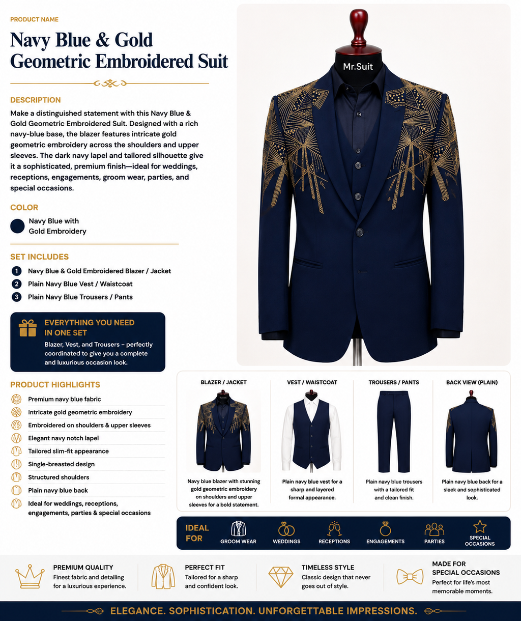 Navy Blue & Gold Geometric Embroidered Suit
