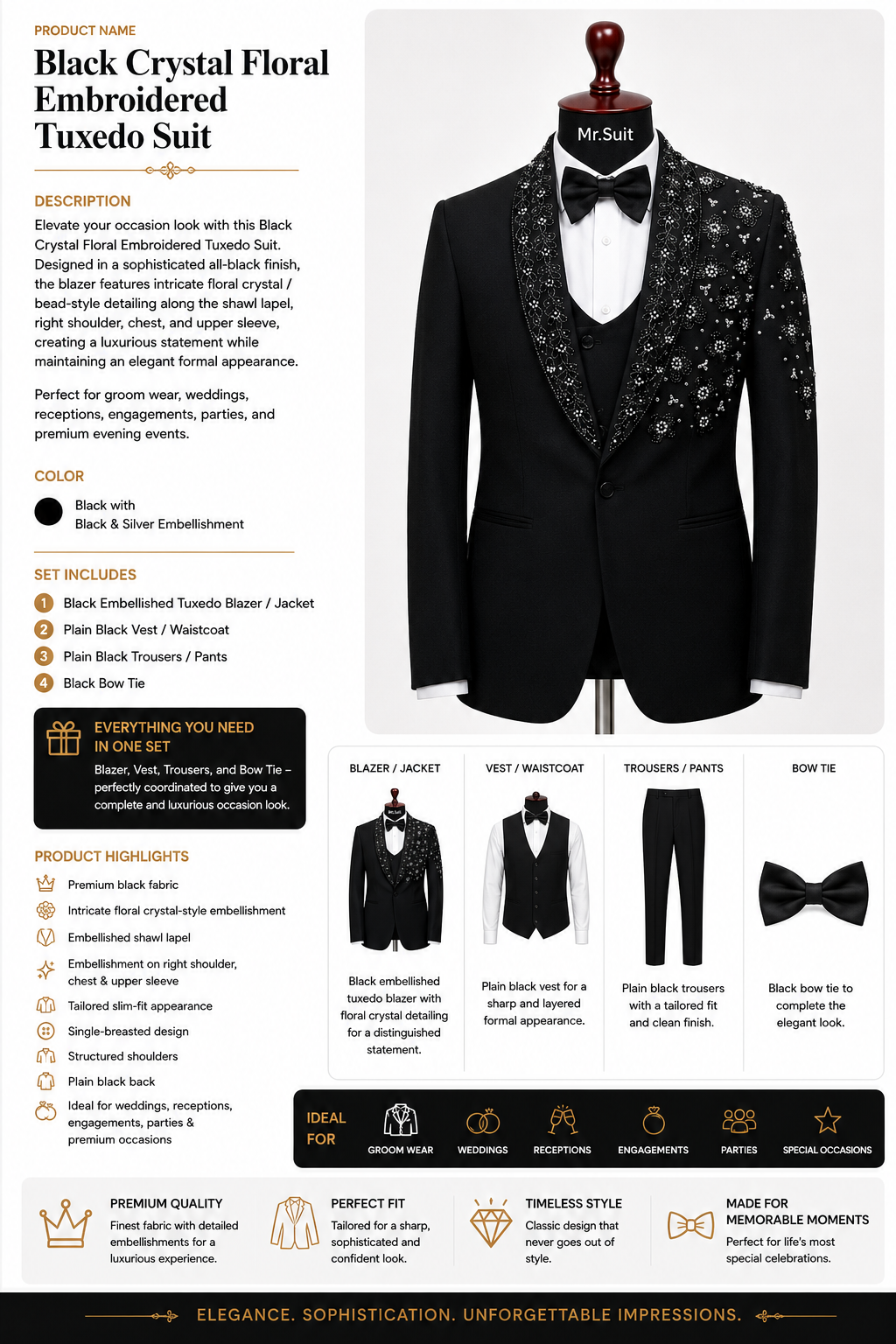 Black Crystal Floral Embroidered Tuxedo Suit