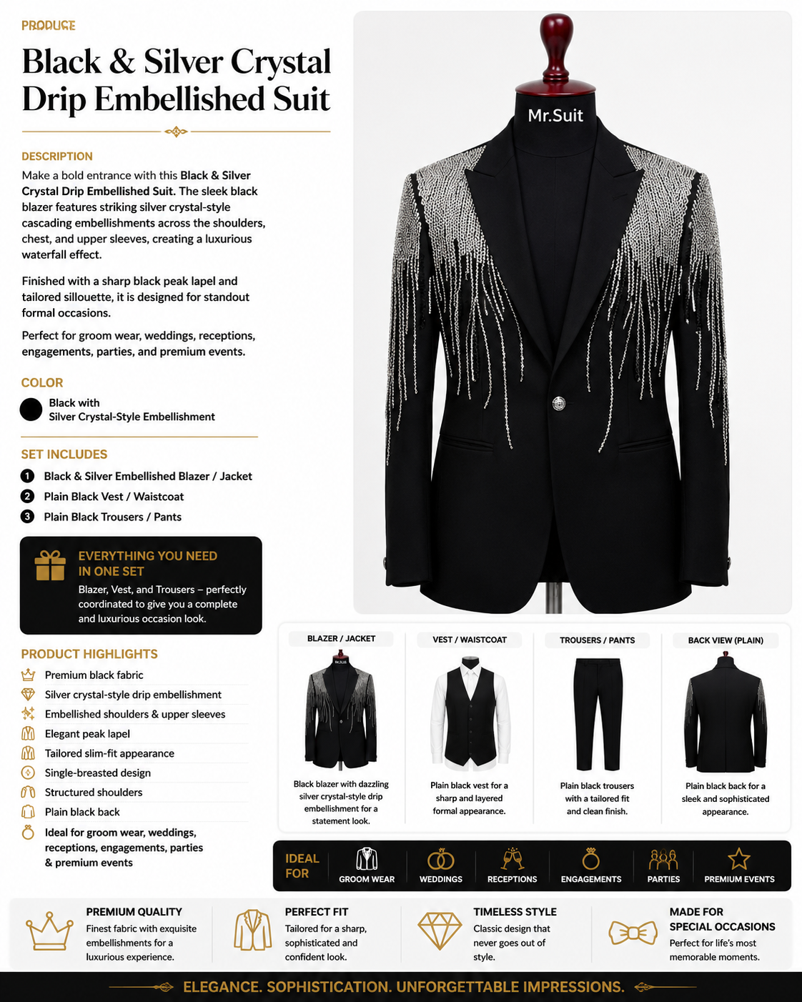 Black & Silver Crystal Drip Embellished Suit