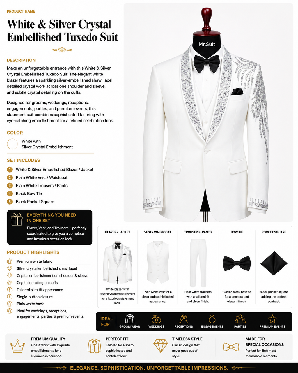 White & Silver Crystal Embellished Tuxedo Suit