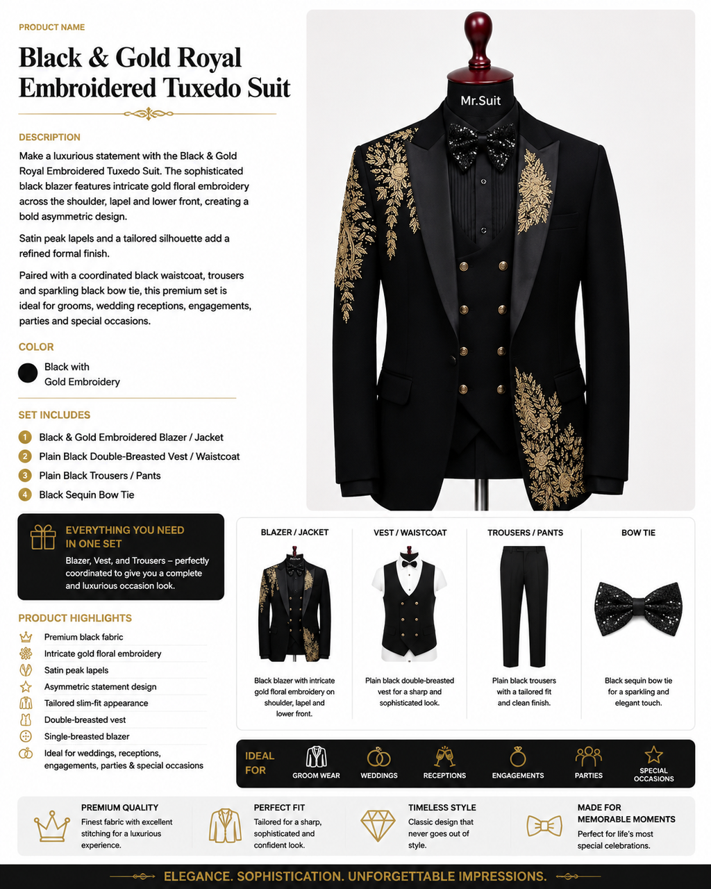 Black & Gold Royal Embroidered Tuxedo Suit