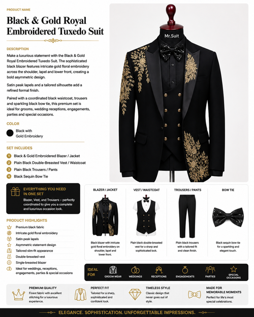 Black & Gold Royal Embroidered Tuxedo Suit