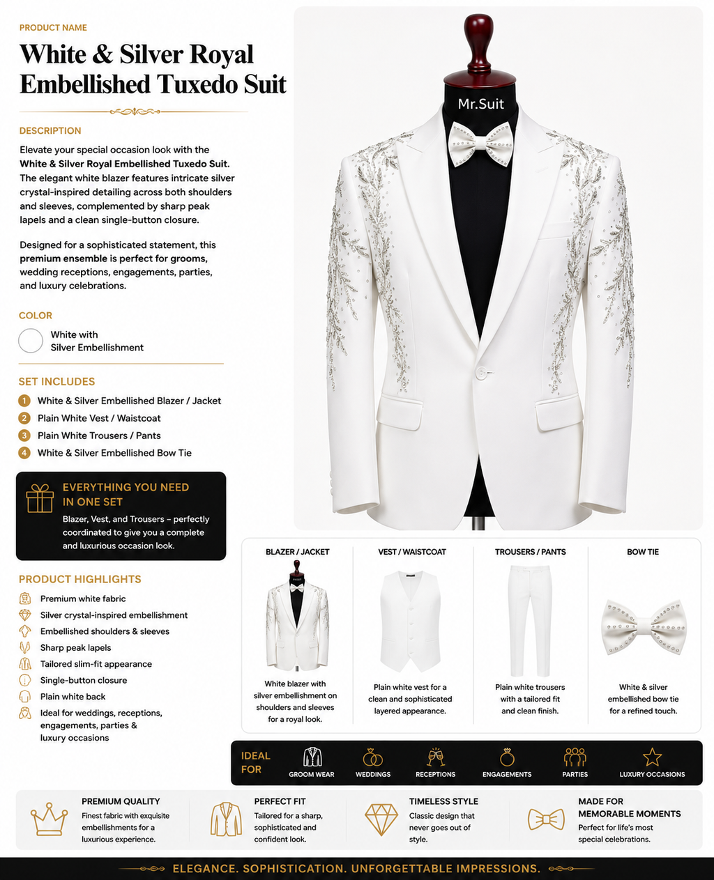 White & Silver Royal Embellished Tuxedo Suit