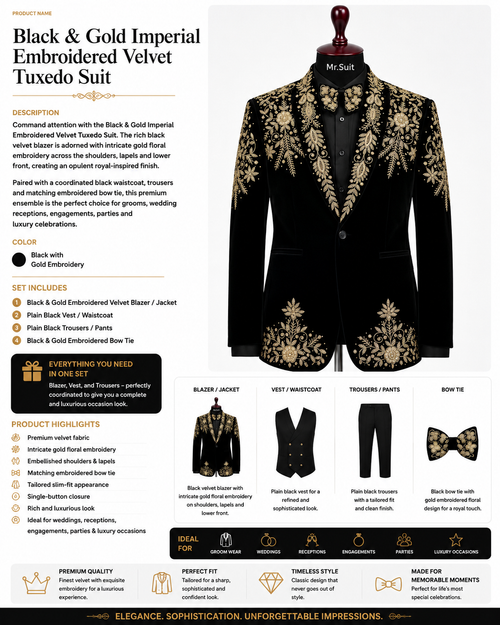 Black & Gold Imperial Embroidered Velvet Tuxedo Suit