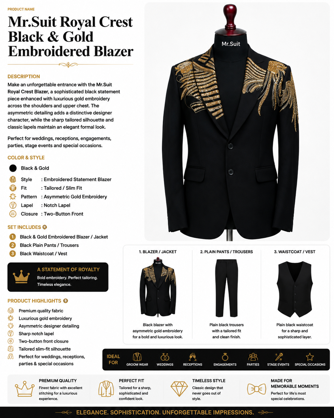 Mr.Suit Royal Crest Black & Gold Embroidered Blazer