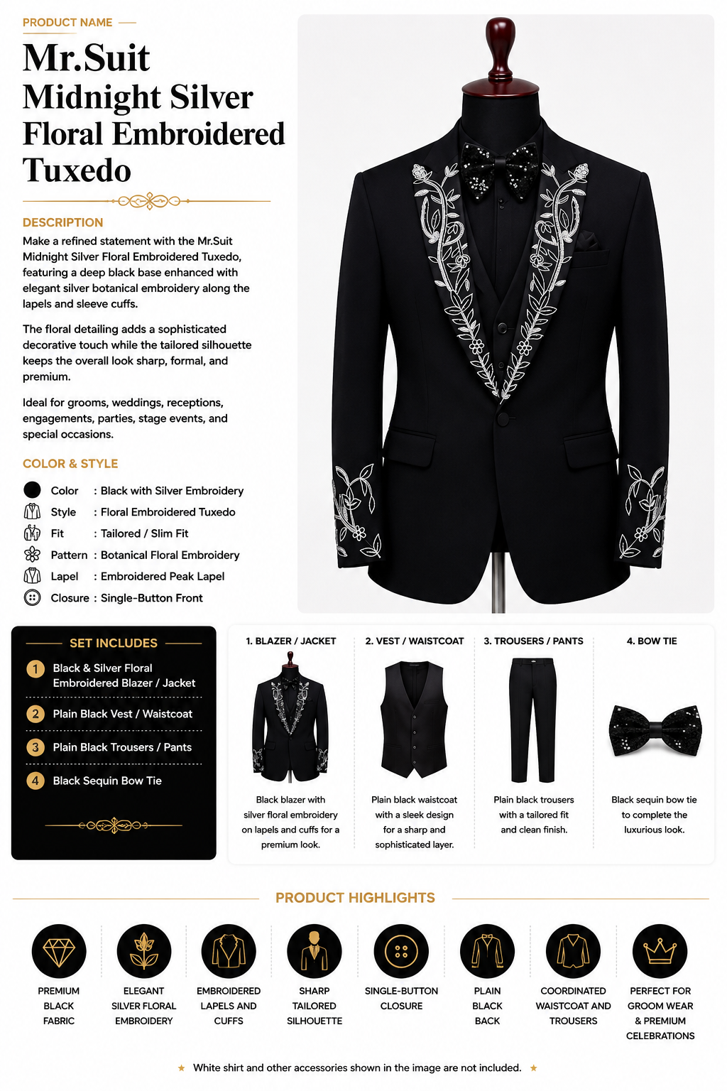 Mr.Suit Midnight Silver Floral Embroidered Tuxedo
