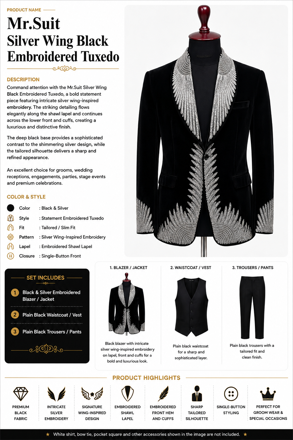 Mr.Suit Silver Wing Black Embroidered Tuxedo