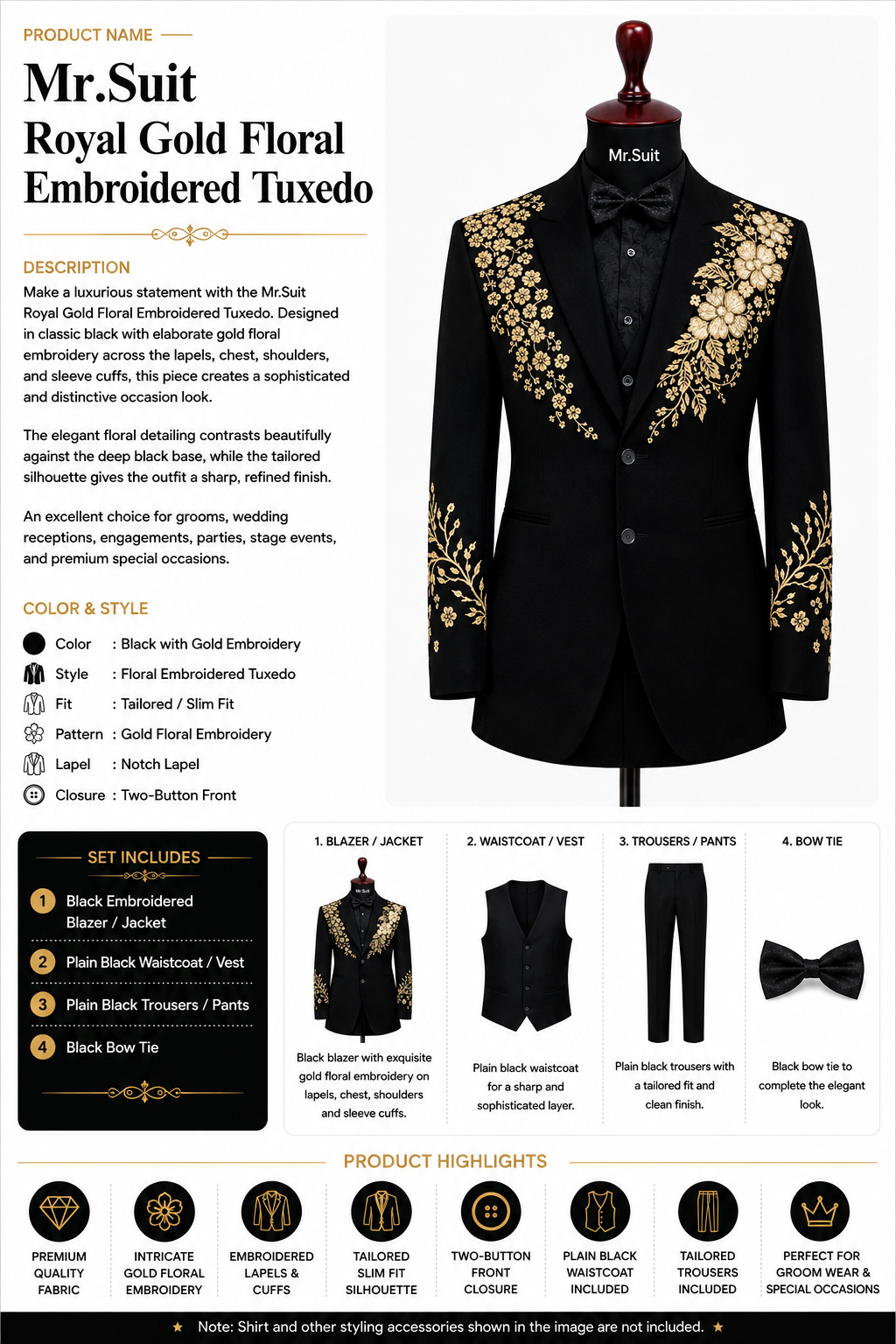 Mr.Suit Royal Gold Floral Embroidered Tuxedo