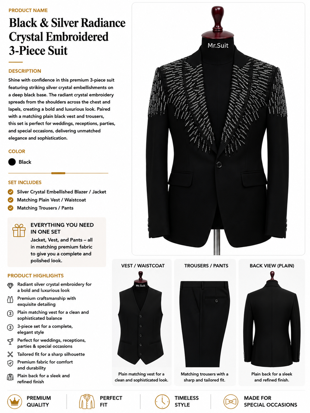 Black & Silver Radiance Crystal Embroidered 3-Piece Suit