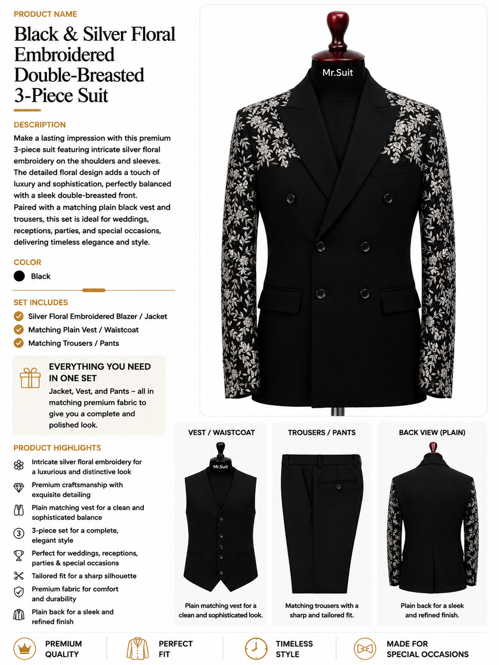 Black & Silver Floral Embroidered Double-Breasted 3-Piece Suit