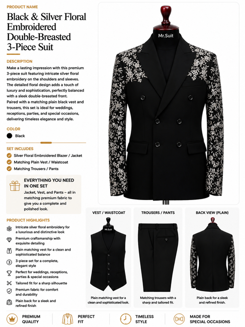 Black & Silver Floral Embroidered Double-Breasted 3-Piece Suit
