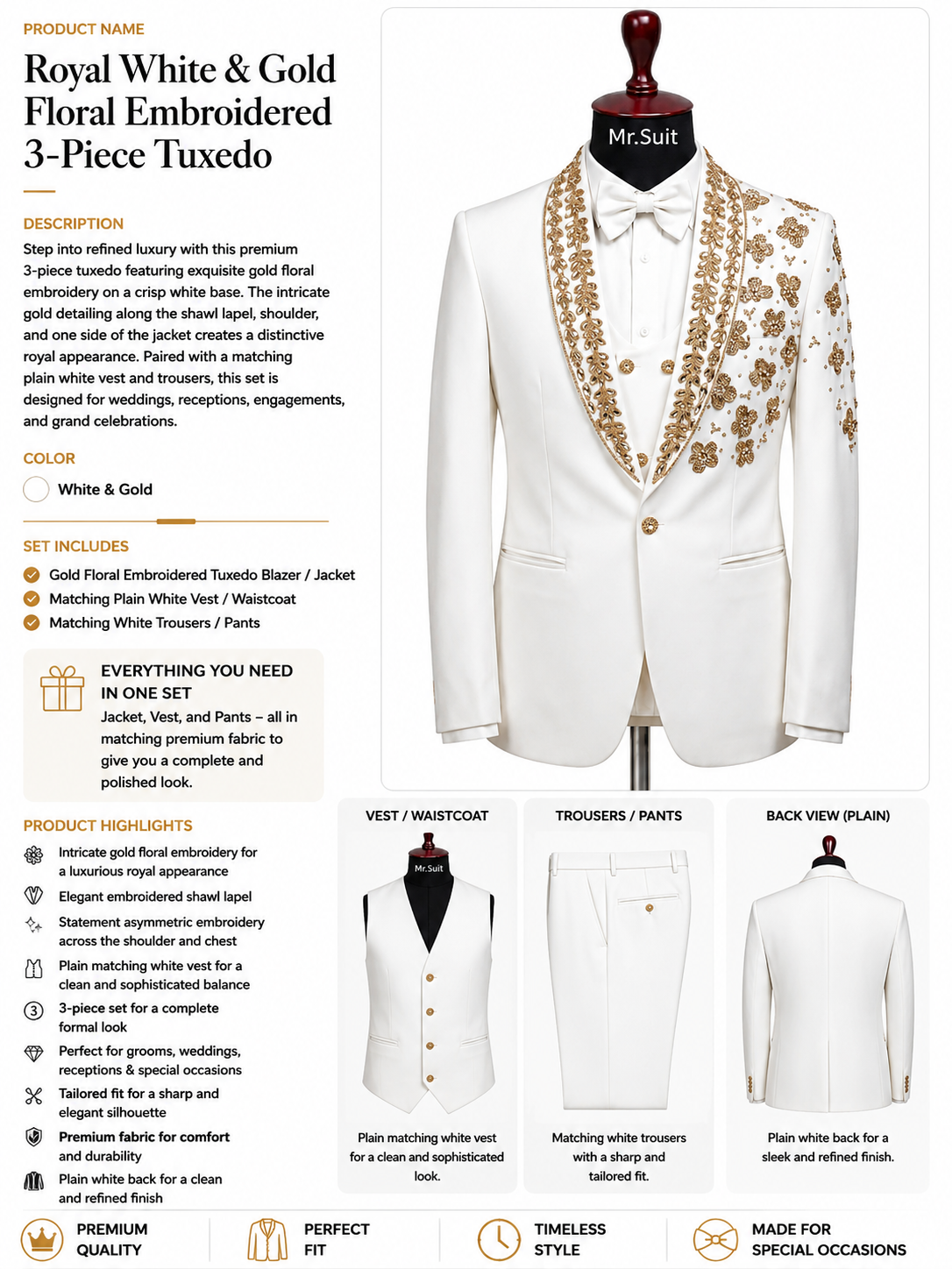 Royal White & Gold Floral Embroidered 3-Piece Tuxedo