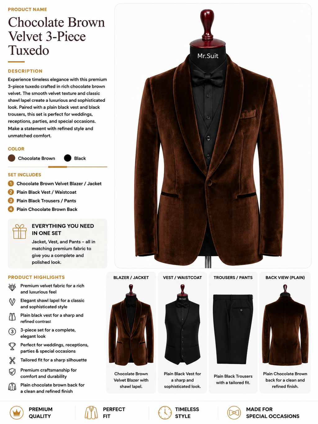 Chocolate Brown Velvet 3-Piece Tuxedo