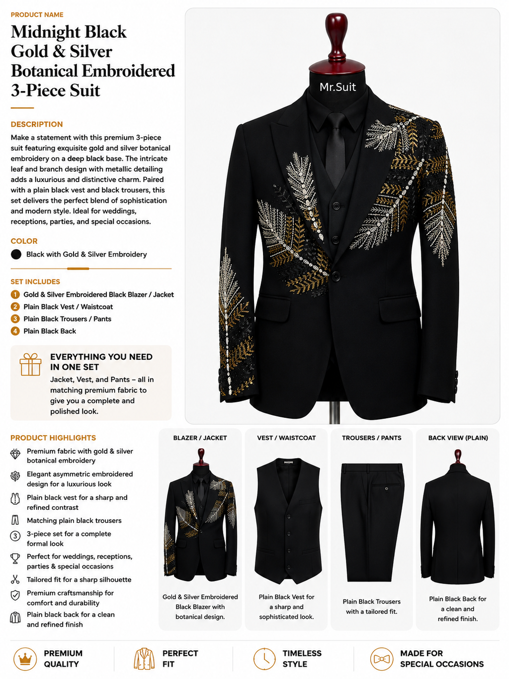 Midnight Black Gold & Silver Botanical Embroidered 3-Piece Suit