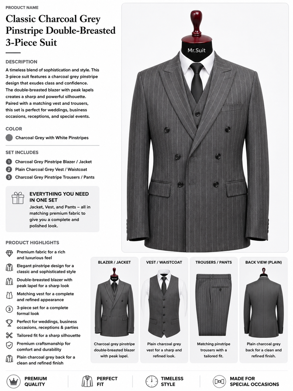 Classic Charcoal Grey Pinstripe Double-Breasted 3-Piece Suit