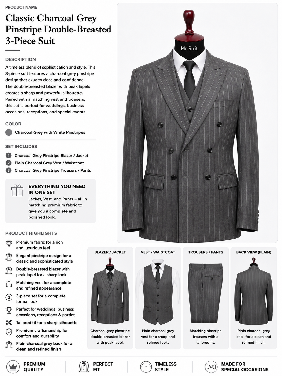 Classic Charcoal Grey Pinstripe Double-Breasted 3-Piece Suit