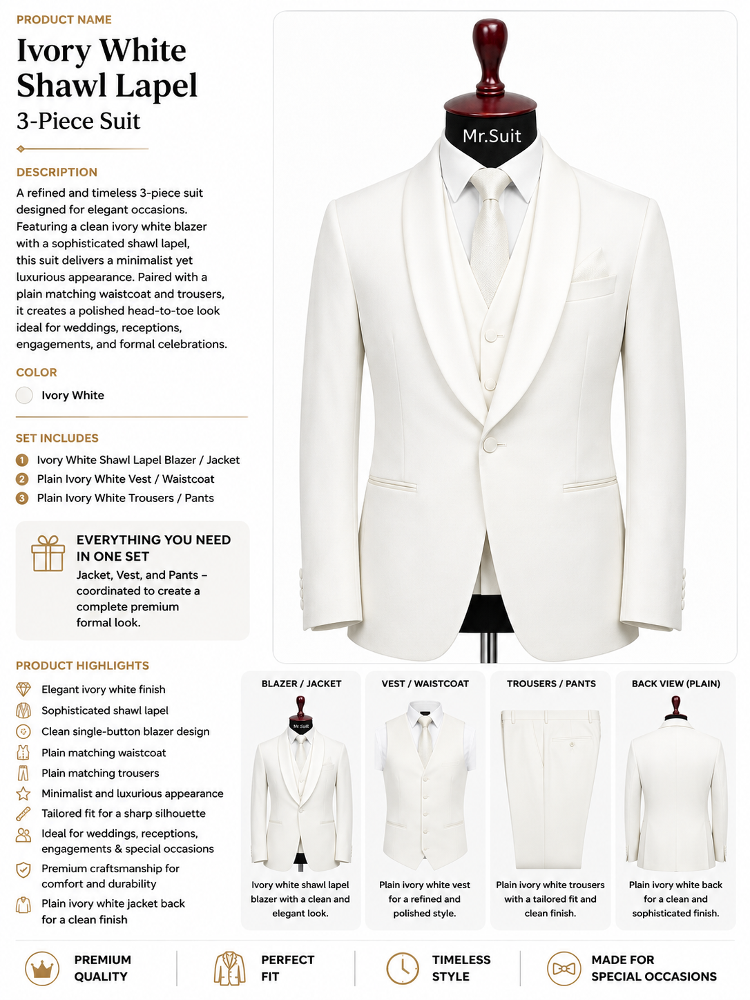 Ivory White Shawl Lapel 3-Piece Suit