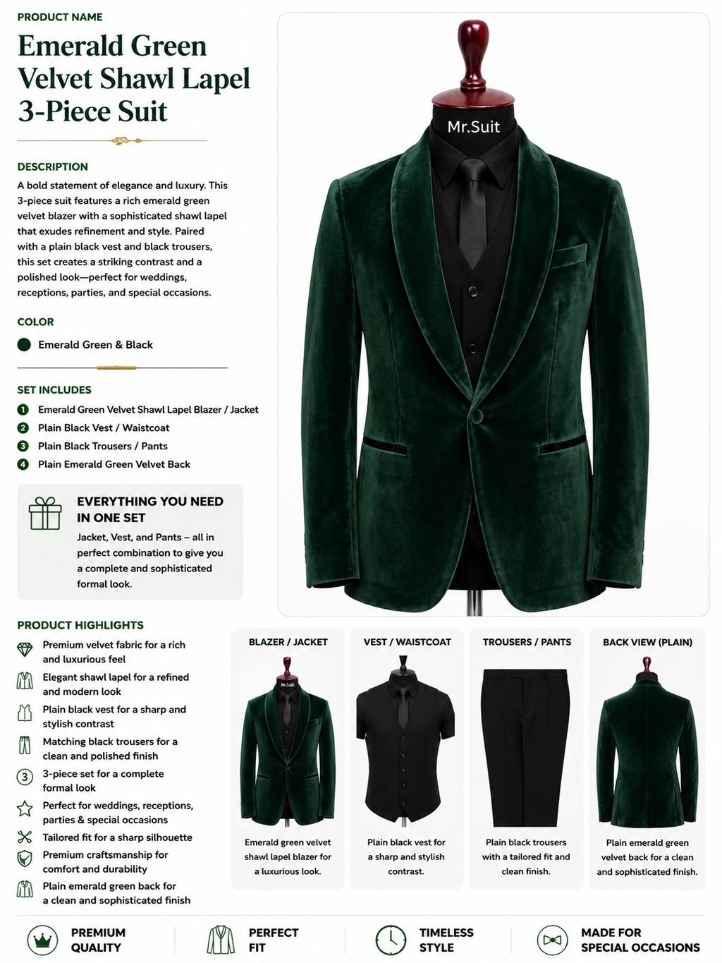 Emerald Green Velvet Shawl Lapel 3-Piece Suit