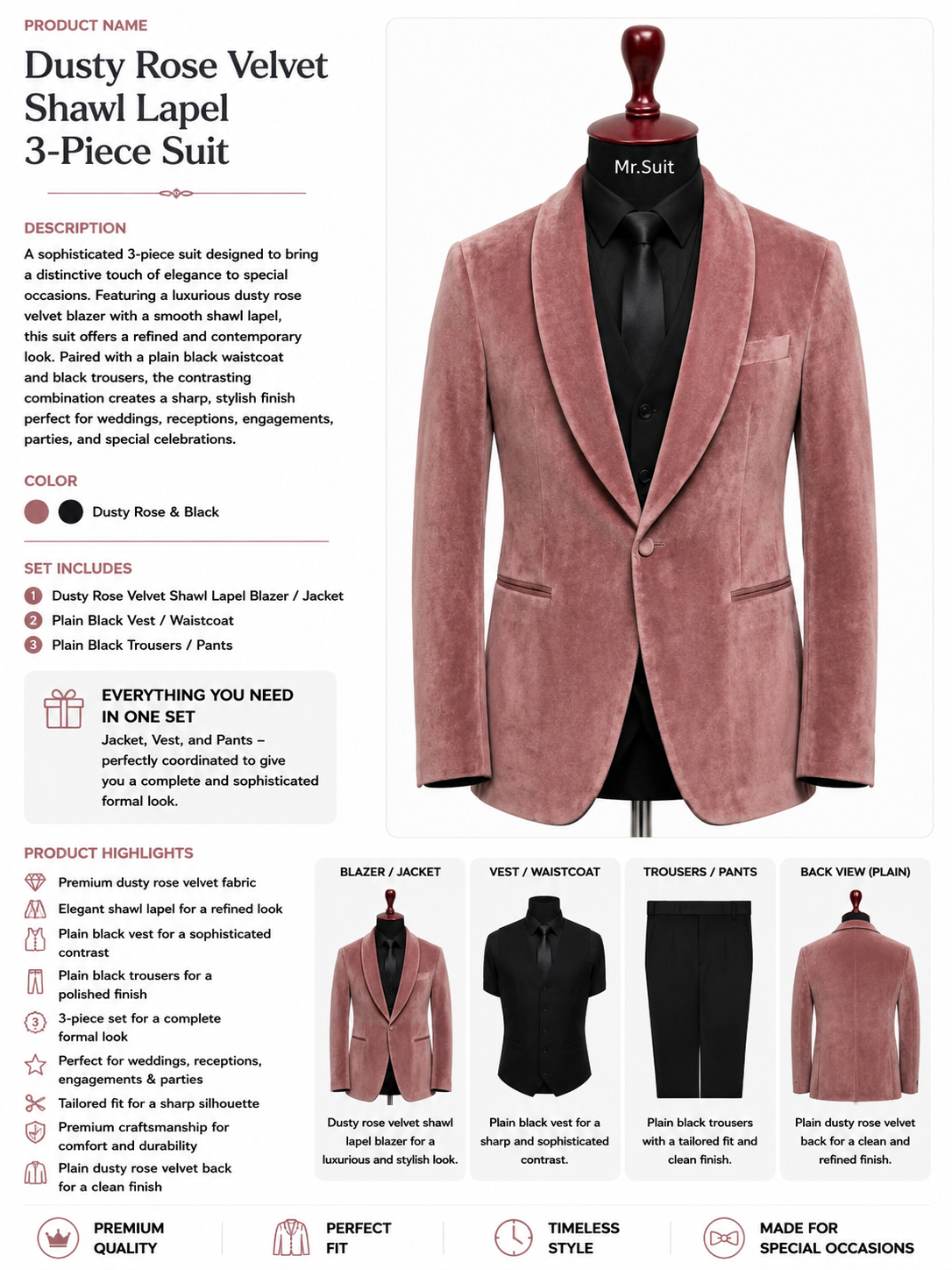 Dusty Rose Velvet Shawl Lapel 3-Piece Suit