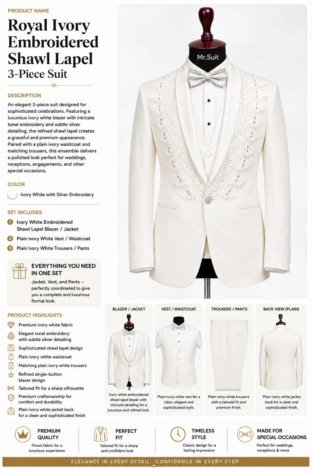 Royal Ivory Embroidered Shawl Lapel 3-Piece Suit