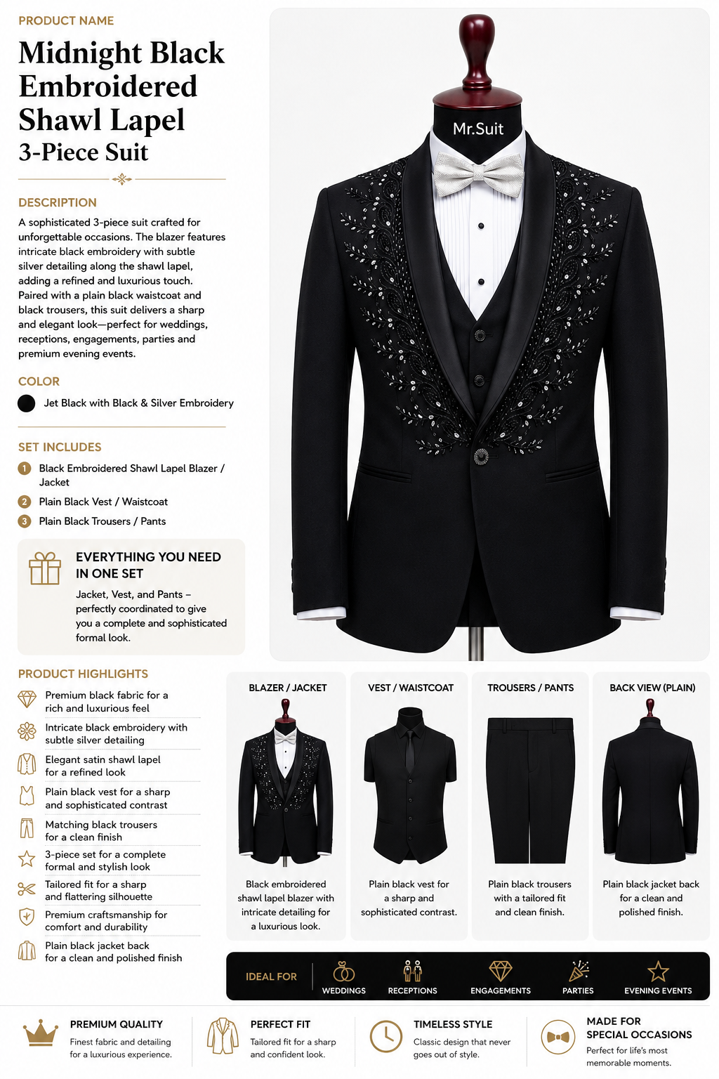 Midnight Black Embroidered Shawl Lapel 3-Piece Suit