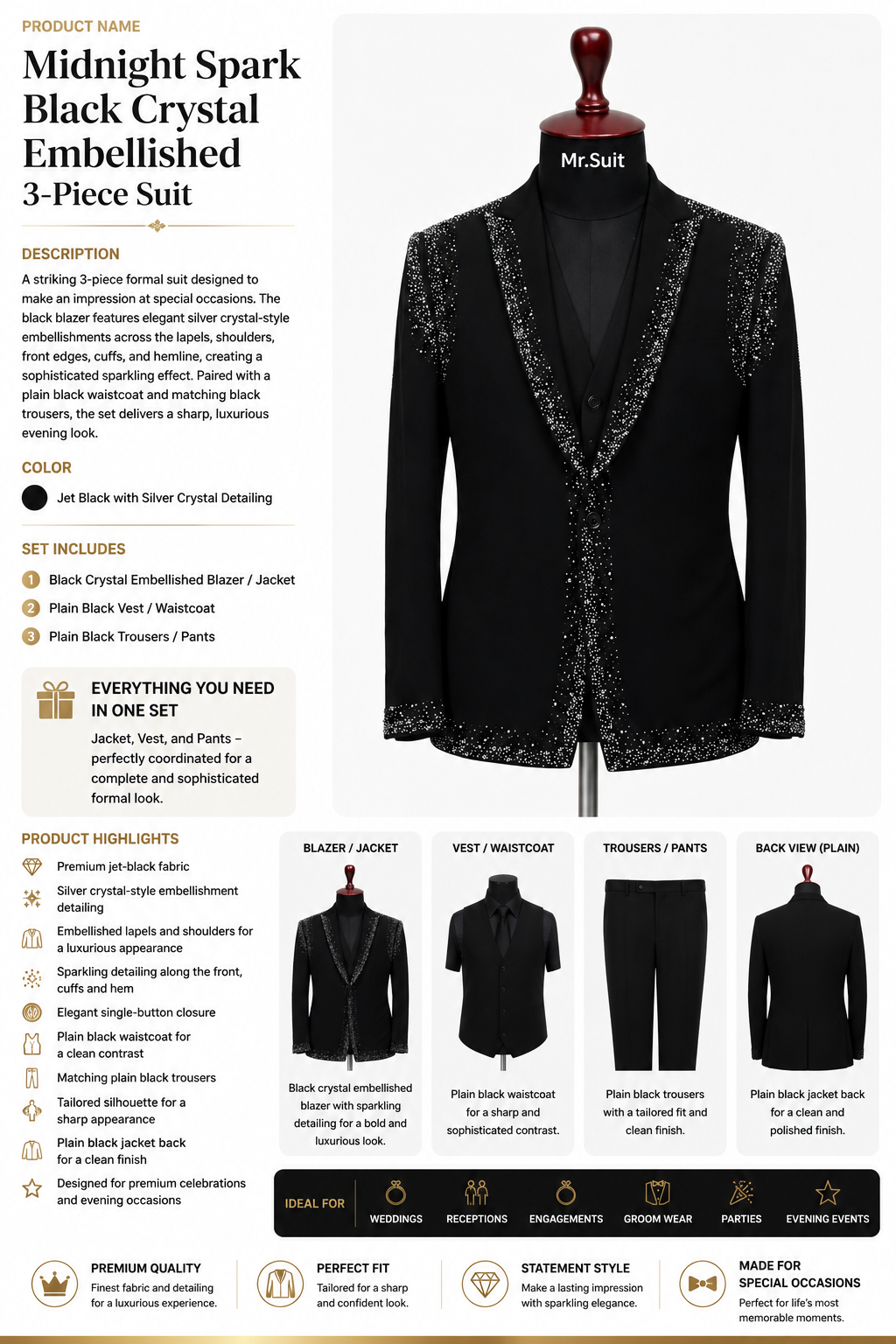 Midnight Spark Black Crystal Embellished 3-Piece Suit