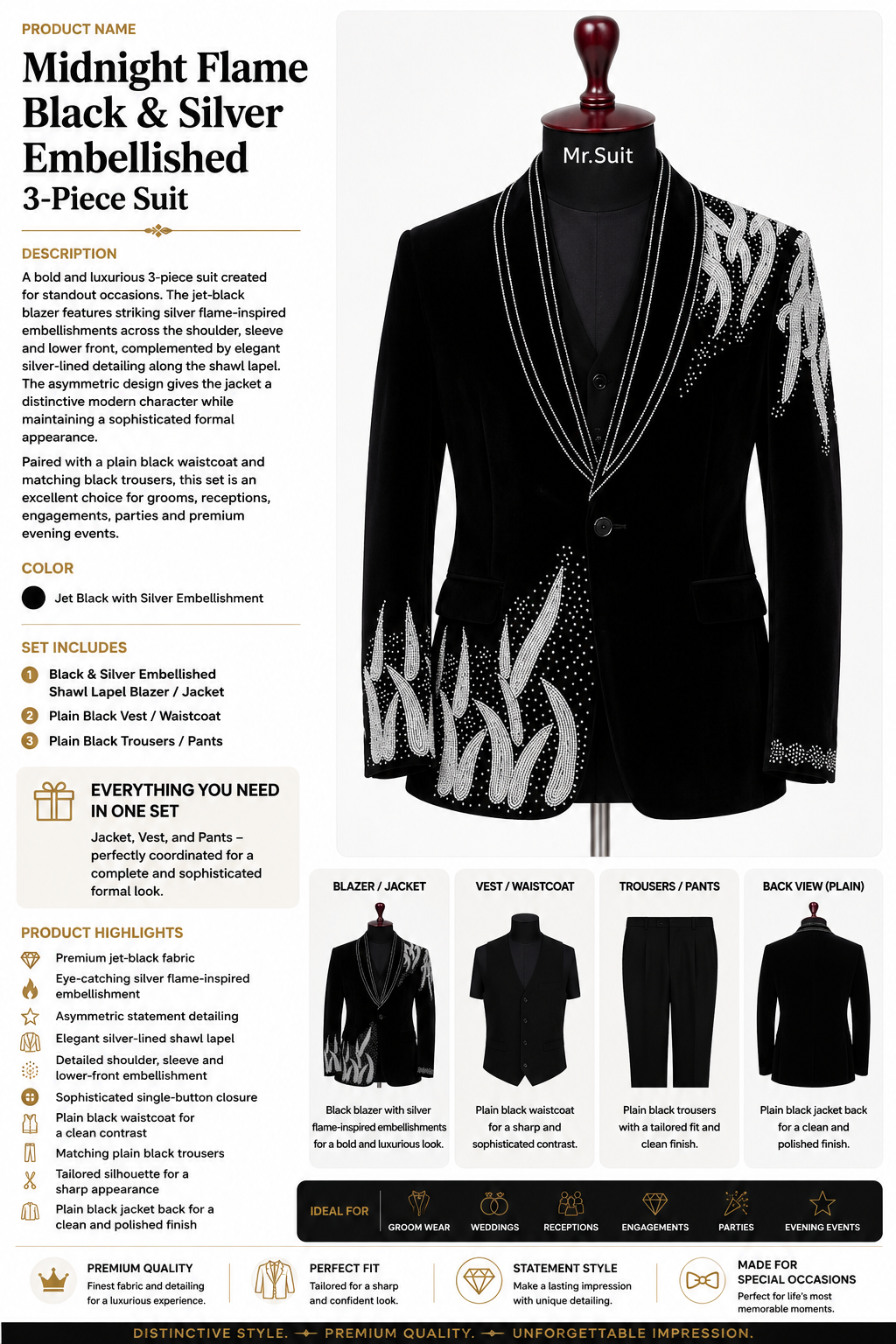 Midnight Flame Black & Silver Embellished 3-Piece Suit