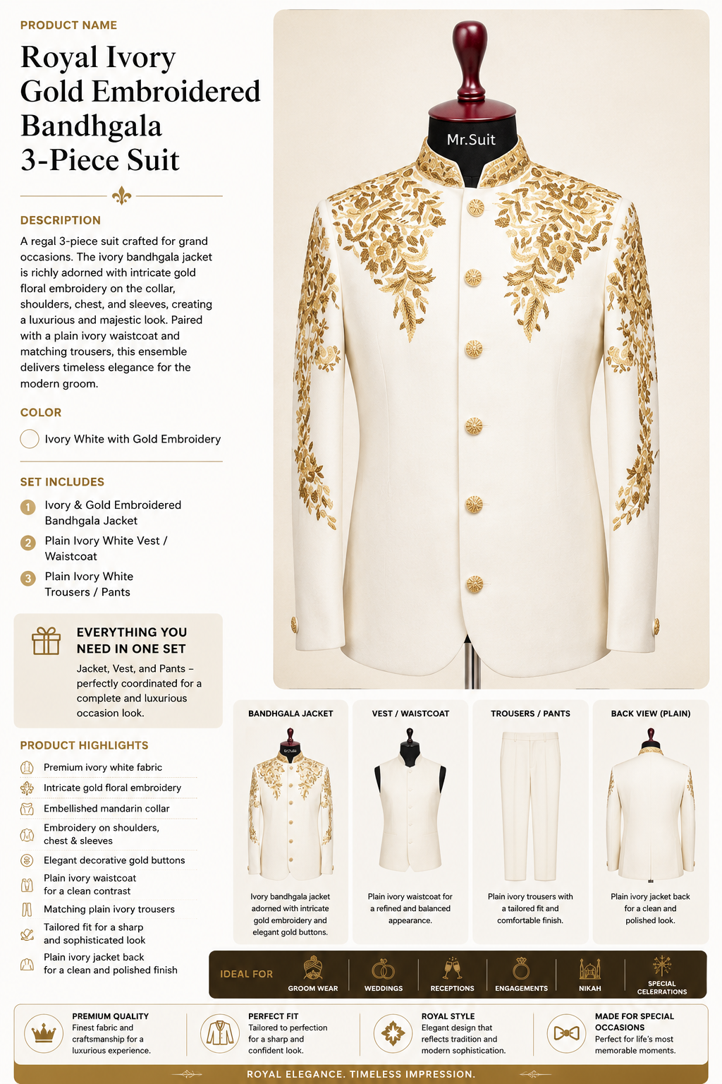 Royal Ivory Gold Embroidered Bandhgala 3-Piece Suit