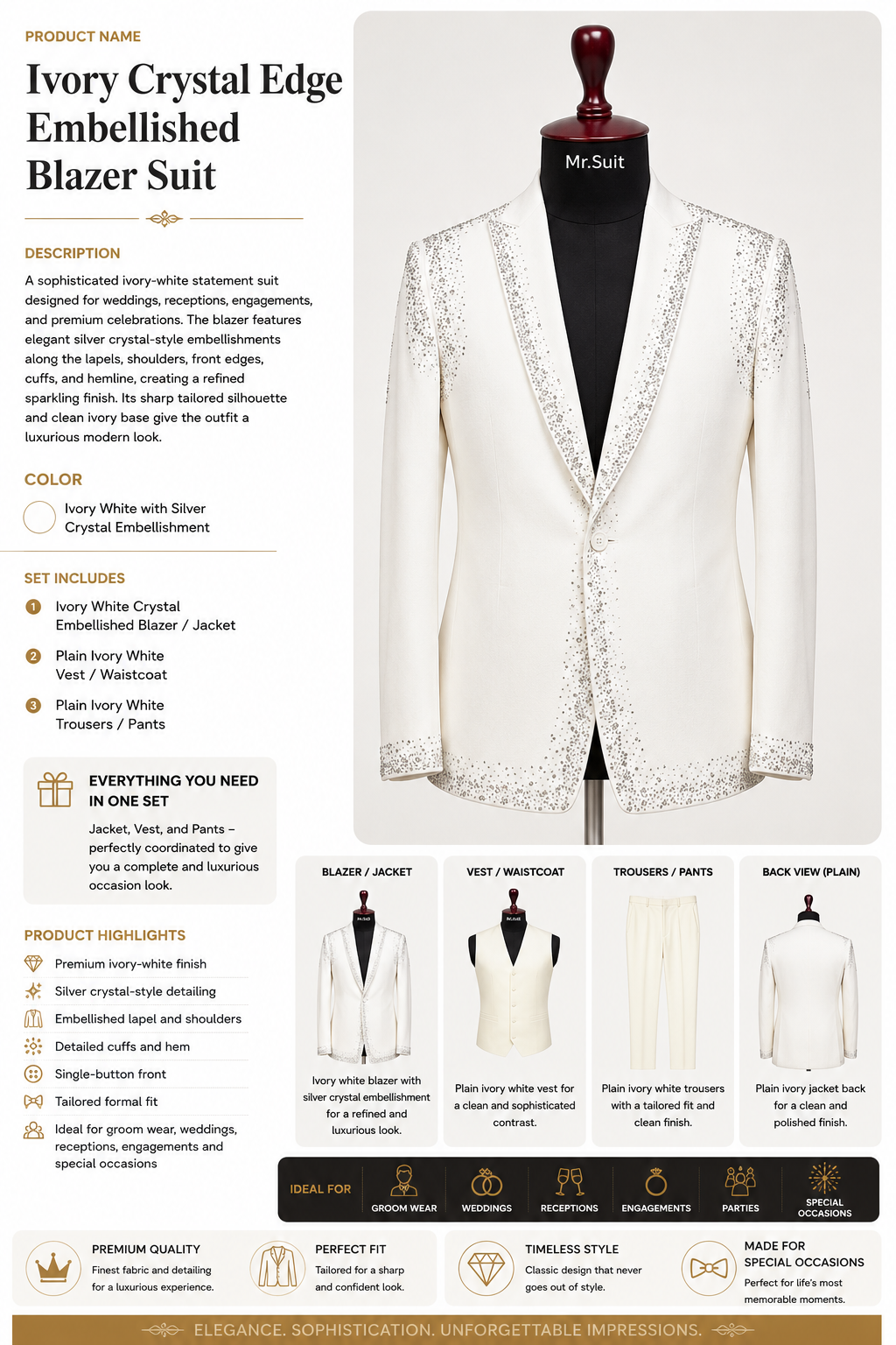 Royal Ivory Champagne Embroidered 3-Piece Suit