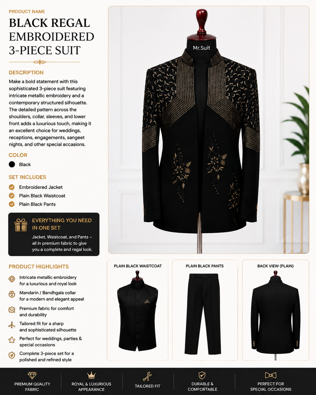 BLACK REGAL EMBROIDERED 3-PIECE SUIT