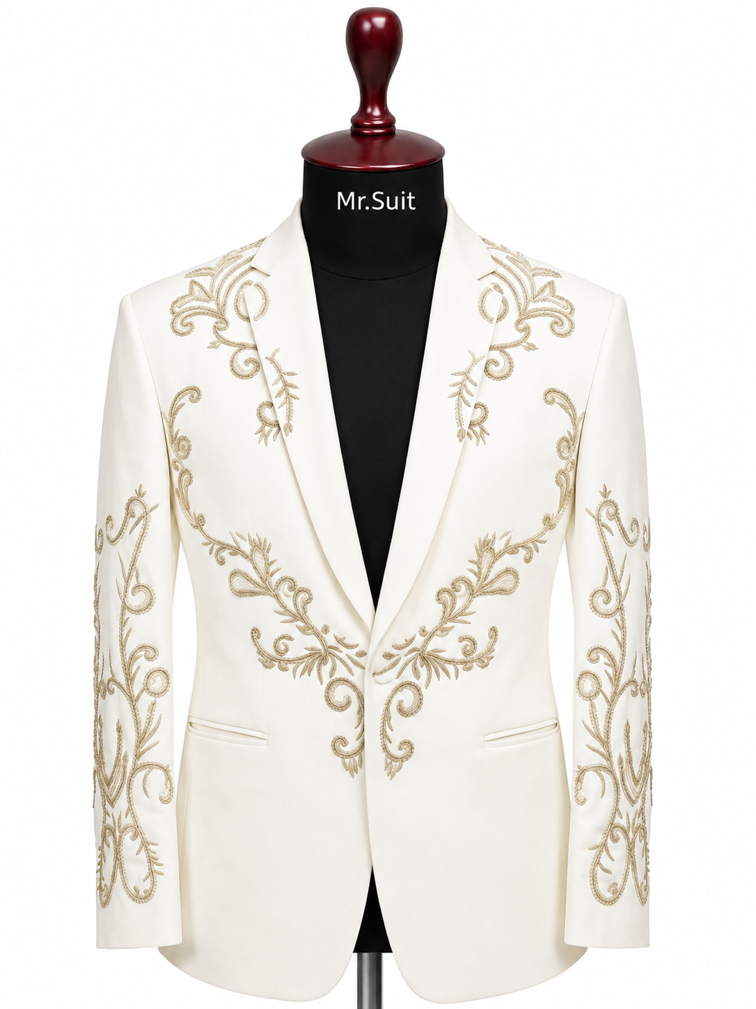 White & Gold Embroidered 3-Piece Suit