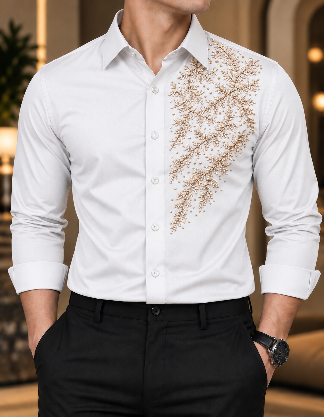 Midnight Navy Gold Handwork Shirt