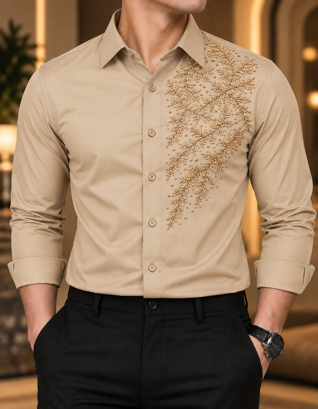 Midnight Navy Gold Handwork Shirt
